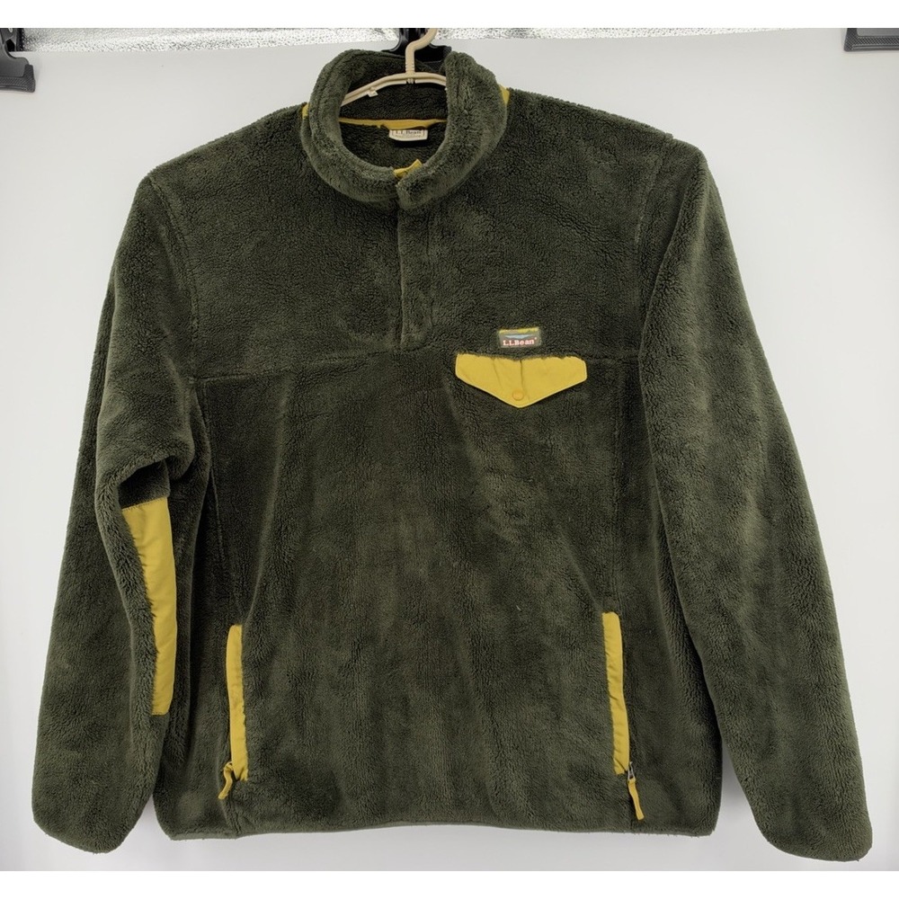 VTG LL Bean Hi-Pile Fleece Snap Pullover Olive Green With Tan Men's 2XL Tall